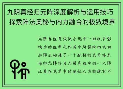 九阴真经归元阵深度解析与运用技巧 探索阵法奥秘与内力融合的极致境界